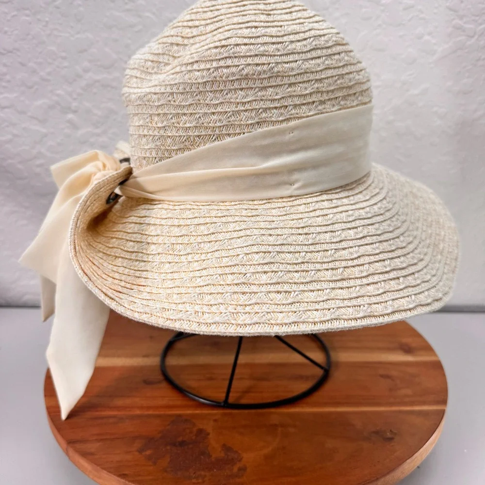 Nine West Womens Straw Sun Hat Cream Wide Brim Floppy Bow Accent RN 67508